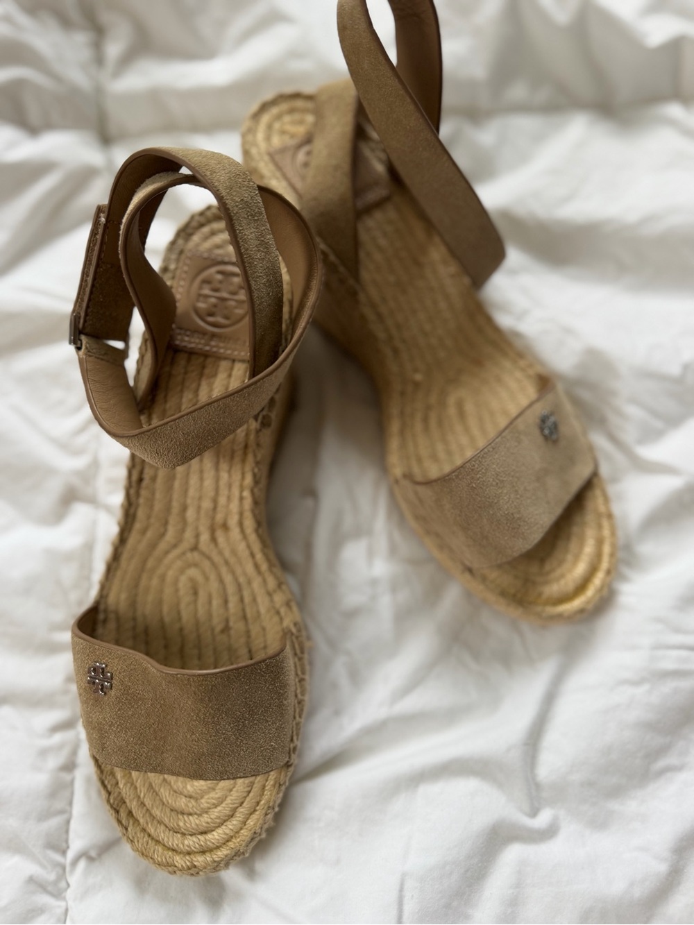 Tory Burch Tan Suede Espadrille Wedge Sandals with Ankle Strap